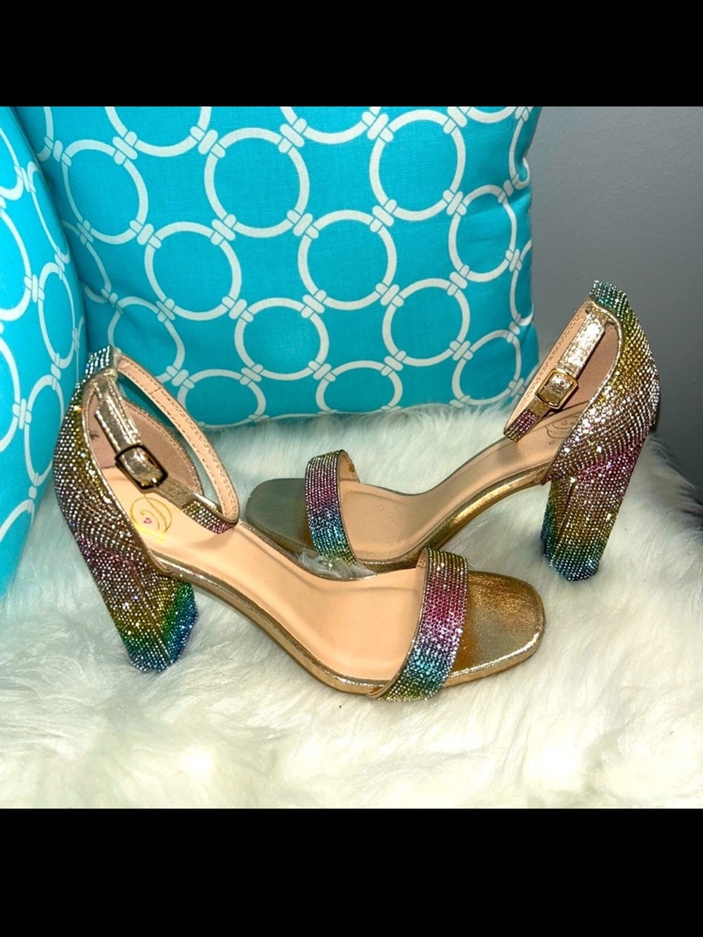 Fashion Nova Rainbow rhinestones Ankle strap chunky heels Sz 8.5